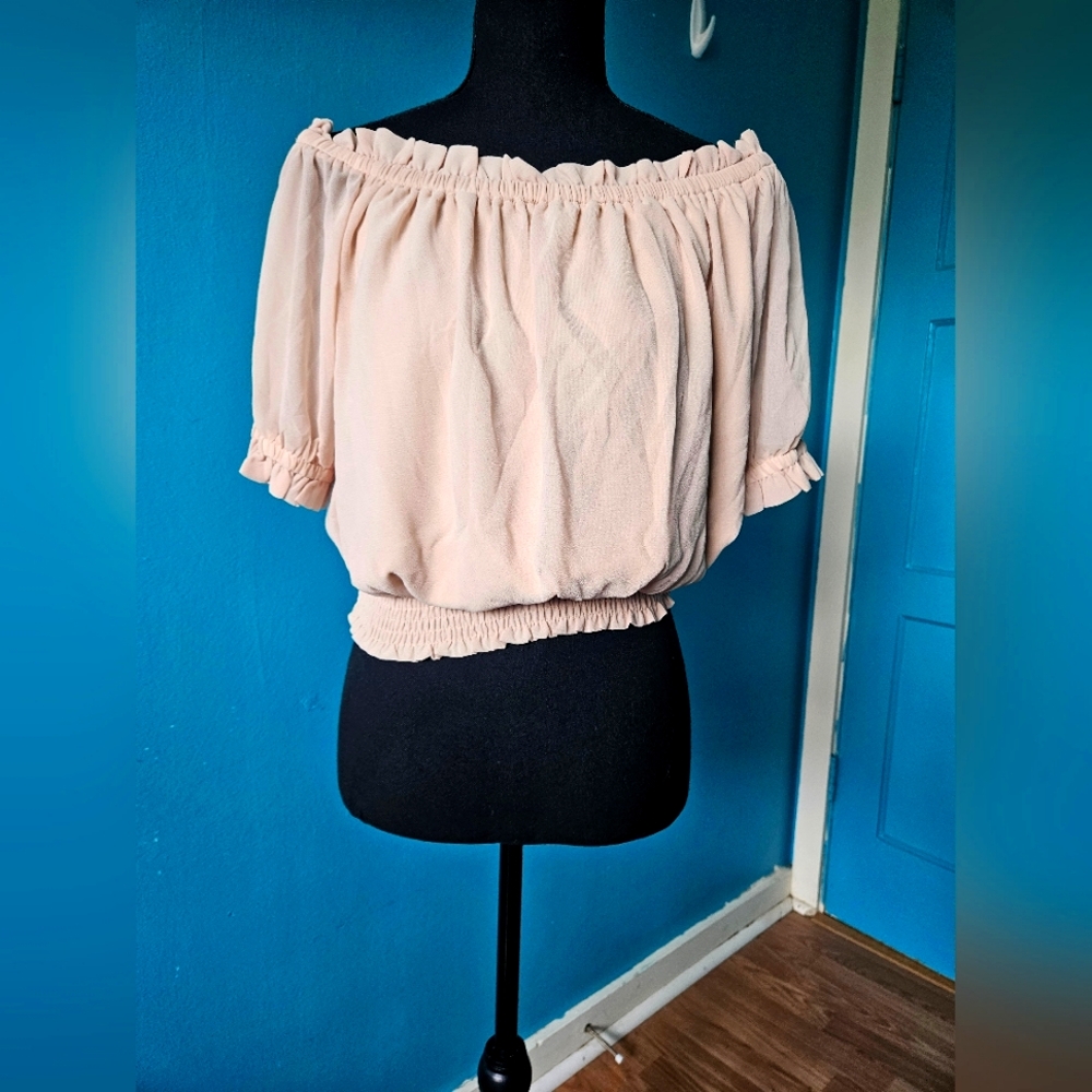 NWT cream stretchy, chiffon style, off-shoulder crop top. Size Lg